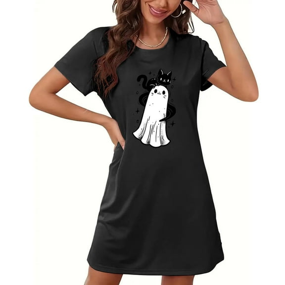 Sakmal Cute Womens Moomoo Nightgowns Short Halloween Black House Dress Black Cat Print Short Sleeve Nightgowns for Women