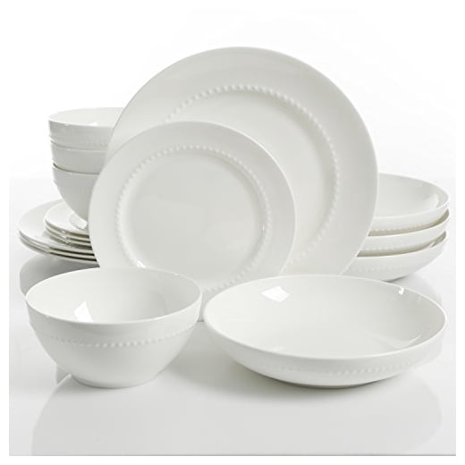 Gibson 9984516RM Elite Embossed Bone China Double Bowl Dinnerware Set, Service for 4 (16pcs), White