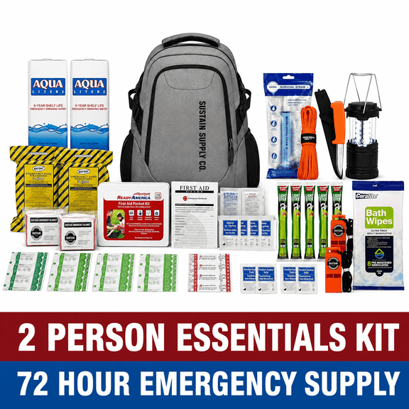 Sustain Supply Premium Emergency Survival Kit for 2 People, 72 Hour Disaster Preparedness Backpack with Food, Water, First Aid & Survival Gear