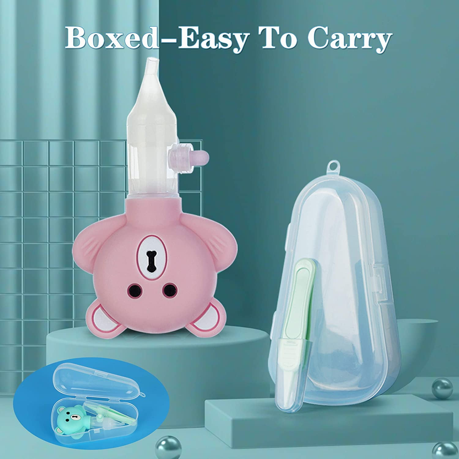 Newborn Nasal Aspirator, Sputum Aspirator, Snot Tweezers Set, Baby 15 Degree Bend Silicone Pump Anti-Reflux Nasal Aspirator Cartoon Bear Aspirator Gift (Pink)