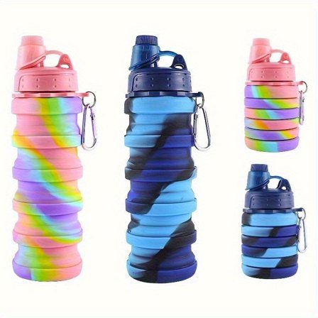 Collapsible Pastel Rainbow and Blue Camo Silicone Water Bottles with Carabiner (2 Count) for Travel, Hiking & Outdoor Use