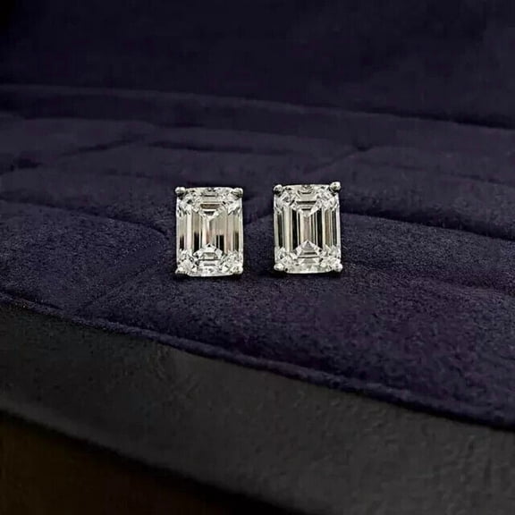 2Ct Emerald Cut Lab Created Diamond Solitaire Stud Earrings 14k White Gold Plated Sterling Silver