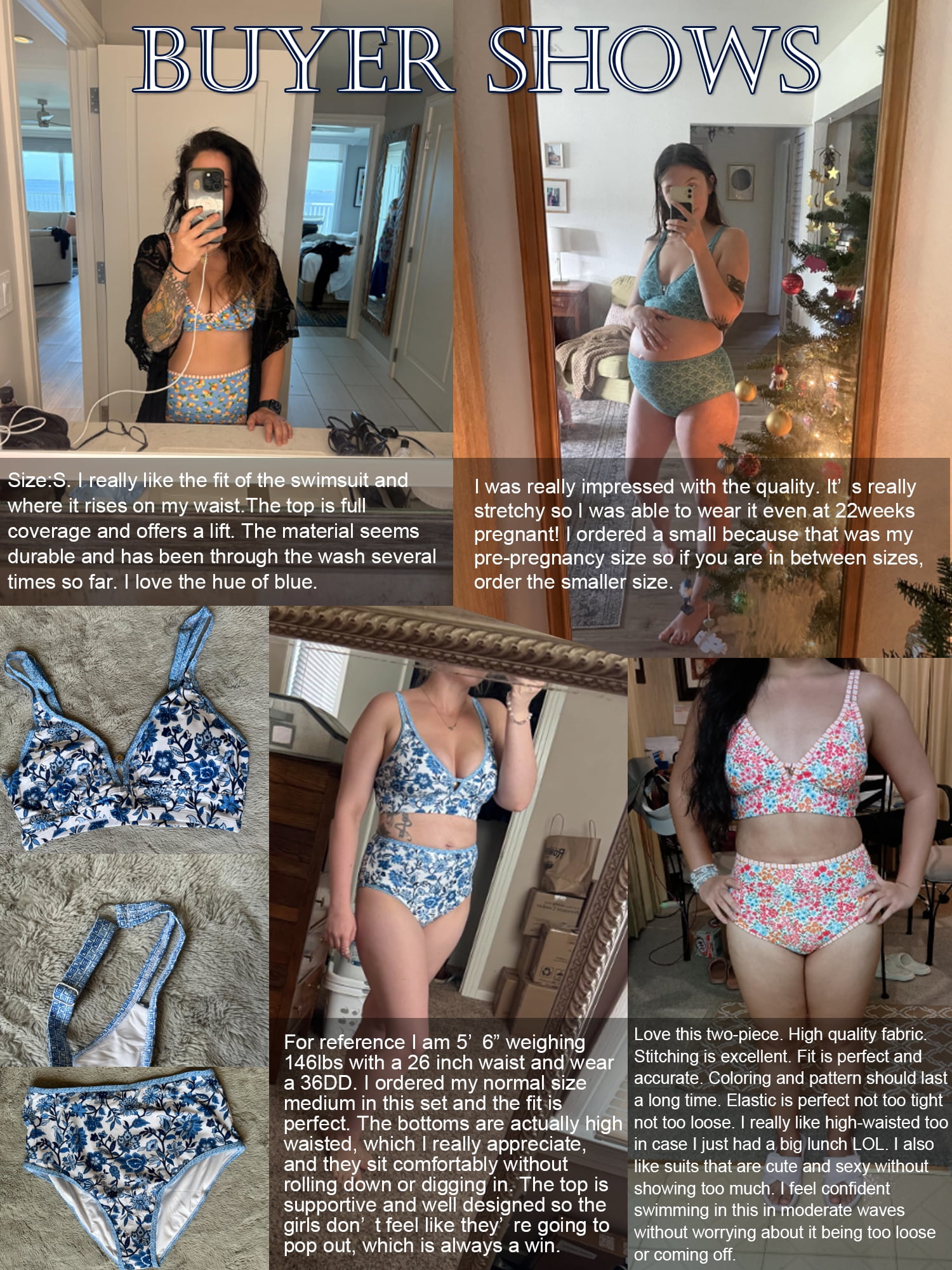 SHEWIN Womens Swimsuits Sets Bikinis Sets 2 Piece Tummy Control Bathing Suits High Waisted Swimwear Floral Swimming Suits Push Up Beach Vacation Outfits Blue Lemon Blossom XL