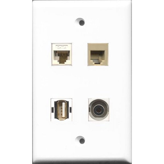 RiteAV 1 Port USB A-A and 1 Port Phone RJ11 RJ12 Beige and 1 Port 3.5mm and 1 Port Cat6 Ethernet White Wall Plate