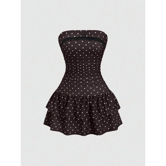 Coffee Brown Polka Dot Strapless Bodycon Mini Dress With Ruched Waist And Tiered Ruffle Hem
