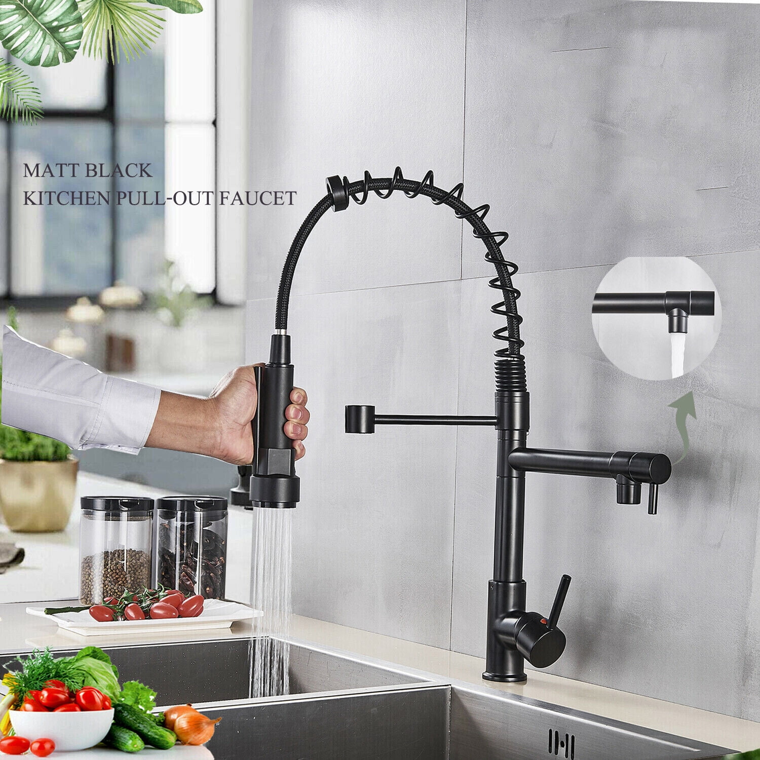 Zovajonia Matte Black Kitchen Faucet Sink Single Handle Pull Down Sprayer Swivel Mixer Tap