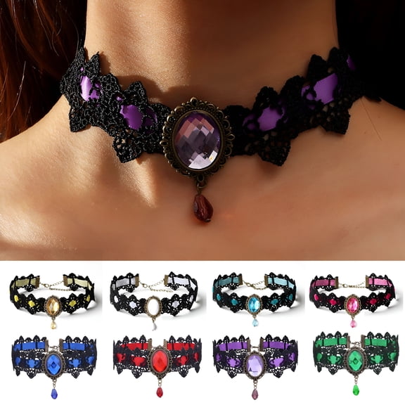 DESIGNICE Women Choker Gothic Vintage Braided Aesthetic with Faux Gemstone Dress Up Gift Ladies Punk Lace Stitching Clavicle Necklace Trendy Jewelry Black