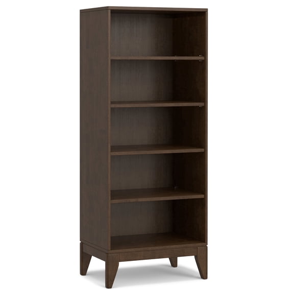 Simpli Home Harper 66 inch x 24 inch Solid Wood Mid Century Modern 5 Shelf Bookcase in Walnut Brown