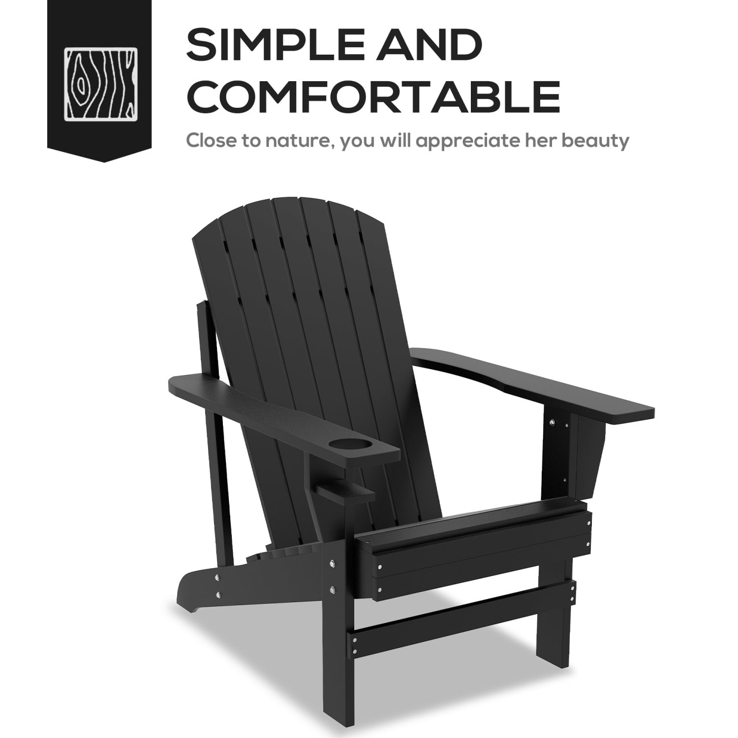 Wooden Adirondack Chair, Outdoor Patio Lounge Chair With Cup Holder For Deck, Garden, Backyard, Black