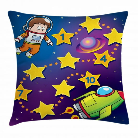 Kid's Activity Throw Pillow Cushion Cover, Space Themed Educational Numbers Game Astronaut Reaching to the Spaceship, Decorative Square Accent Pillow Case, 20 X 20 Inches, Multicolor, by Ambesonne