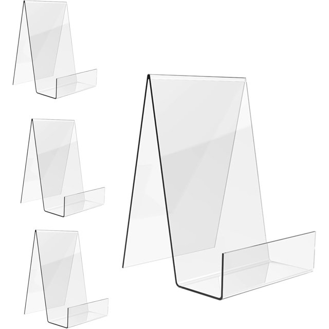 Boloyo Acrylic Book Stand with Ledge,5PC Clear Acrylic Display Easel, Transparent Tablet Holder for Displaying Pictures,Books,Music Sheets,Notebooks, Artworks, CDs, etc.(Clear 5PC Large)