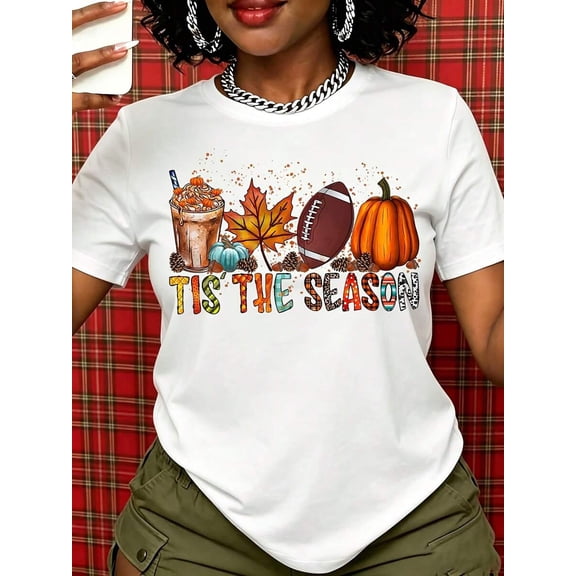 Fall Autumn Women T Shirt The Season Pumpkin Football Leaf Print Tee