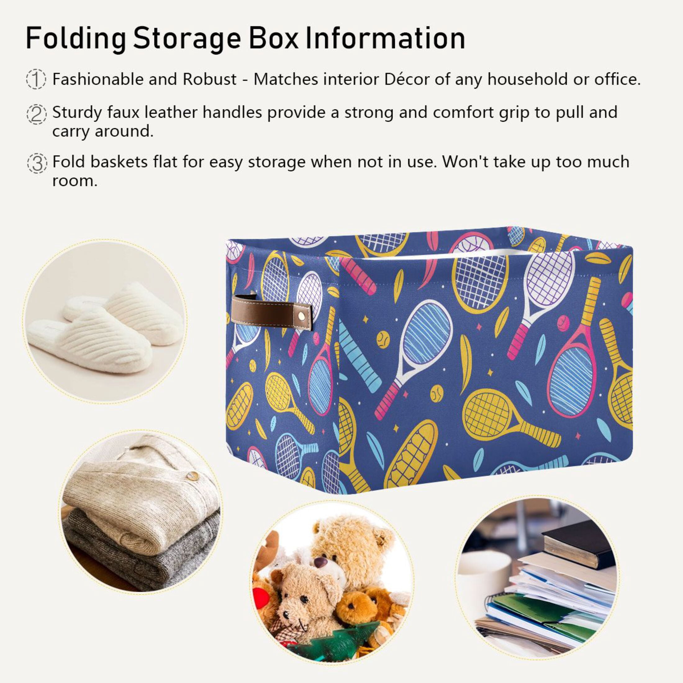 Ryvnso Tennis Racket Balls Storage Basket Large Bin Foldable Boxes Toys Organizer 14.2x10.2x8.3in 2 PCs