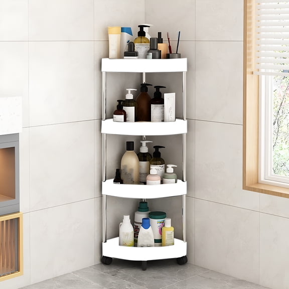 ACDANC Corner Shower Caddy Tension Pole Shower Organizer with 4 Tier Shelf for Bathroom Bathtub Tub Shampoo - Floor Standing Rack Bath Storage Holder