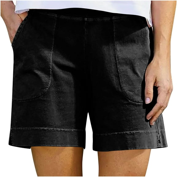 Sweat Shorts for Women Baggy New 2025 Womens Casual Comfy Shorts Summer Cotton Linen Loose Fitted Shorts Wide Leg Solid Color Pants with Pockets Black S