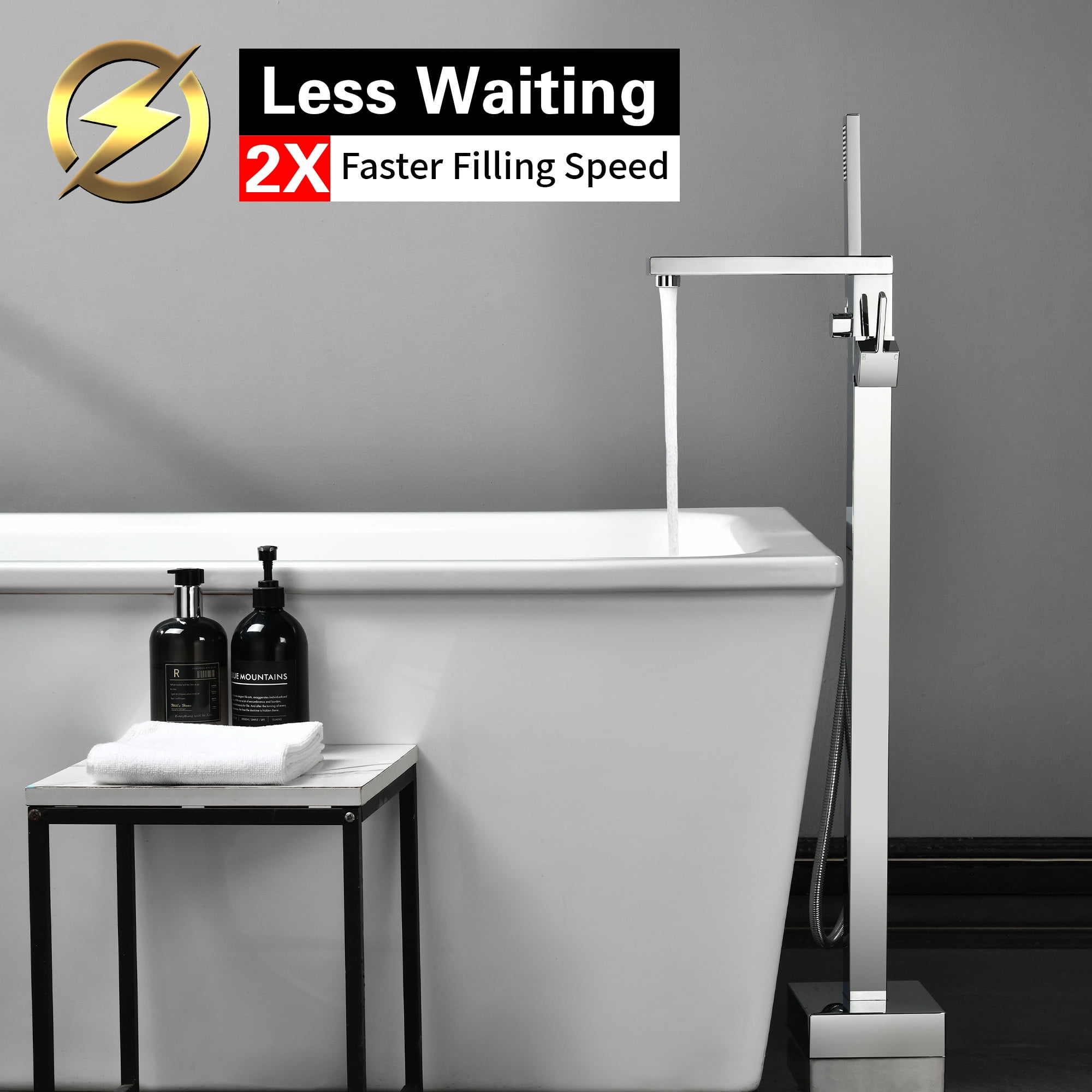 SUMERAIN Bathroom Freestanding Tub Faucet, Modern Floor Mount Tub Filler with Hand Shower High Flow, Chrome