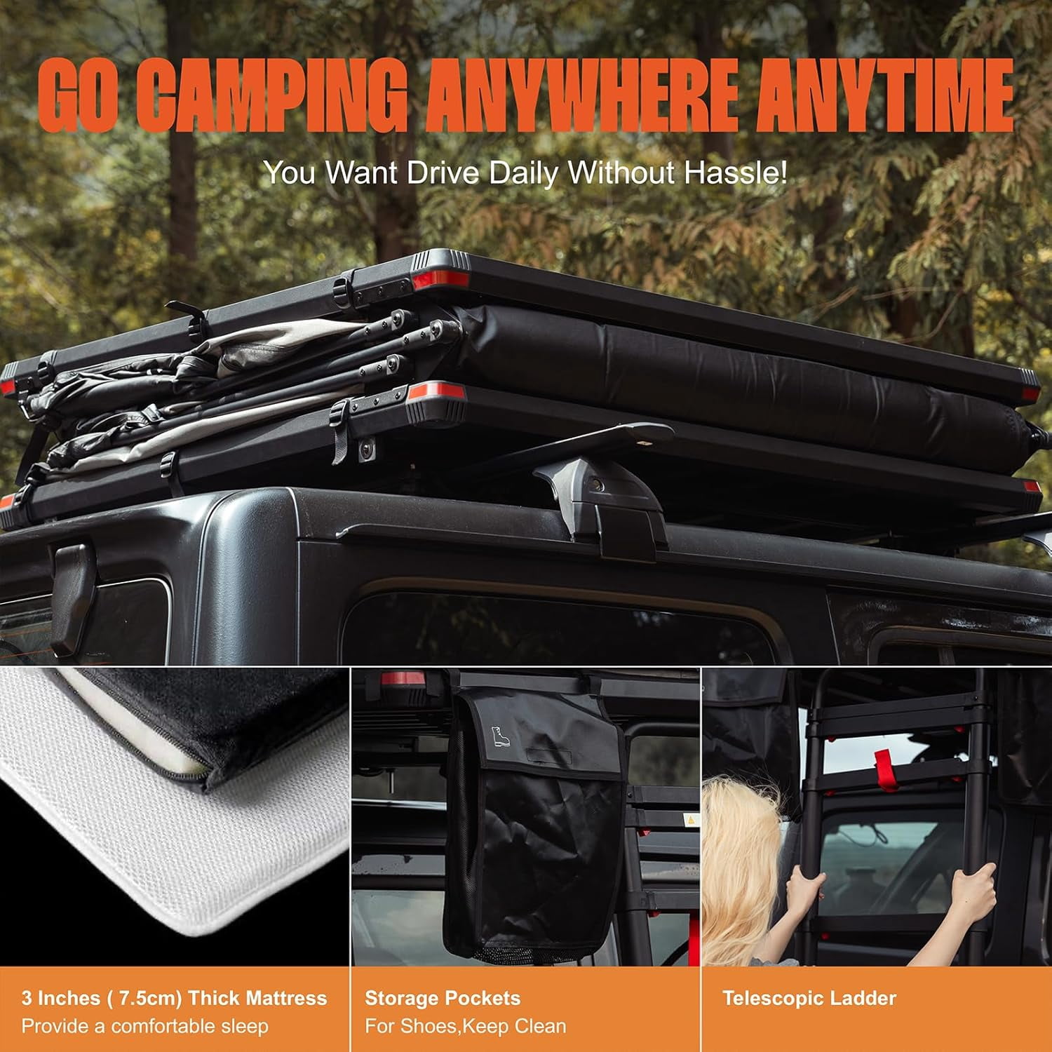 ILANDER Rooftop Tent, Hard Shell, SUV & Truck Camping, Foldable Rooftop Tent with Ladder, Waterproof & UV-Resistant 1-2 Person, 1.2M