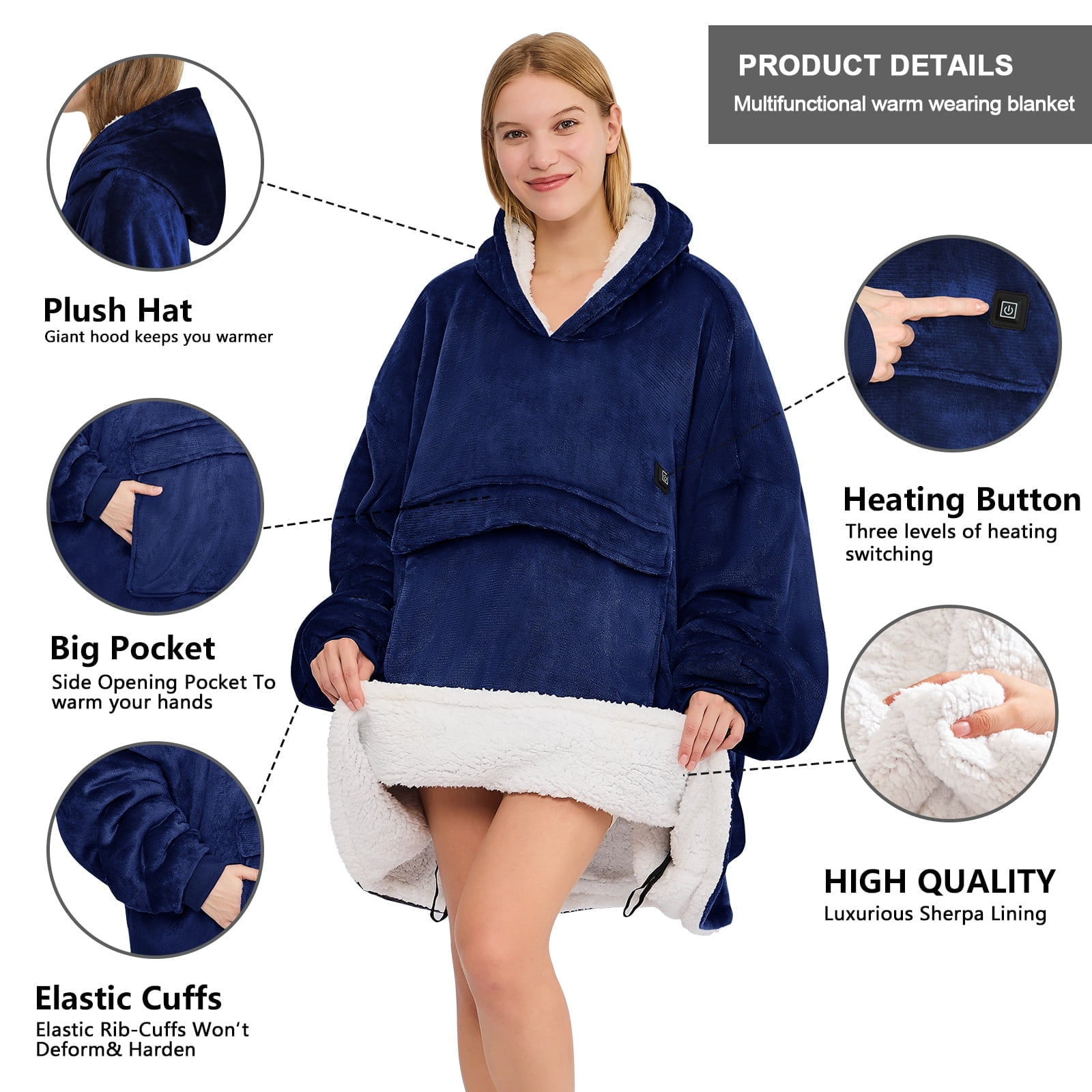 PMONPA Heated Wearable Blanket, Oversized Wearable Heated Blanket for Adult, Sherpa Fleece Blanket Hoodie,One Size, Blue