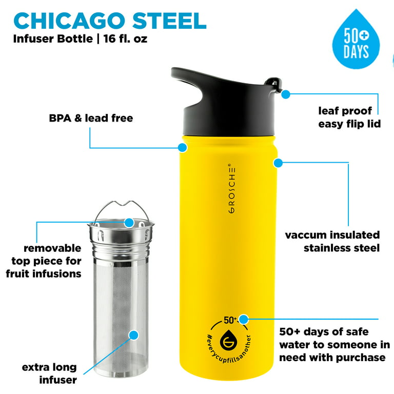 Grosche Chicago Steel 16 Oz. Infusion Water Bottle Insulated Water