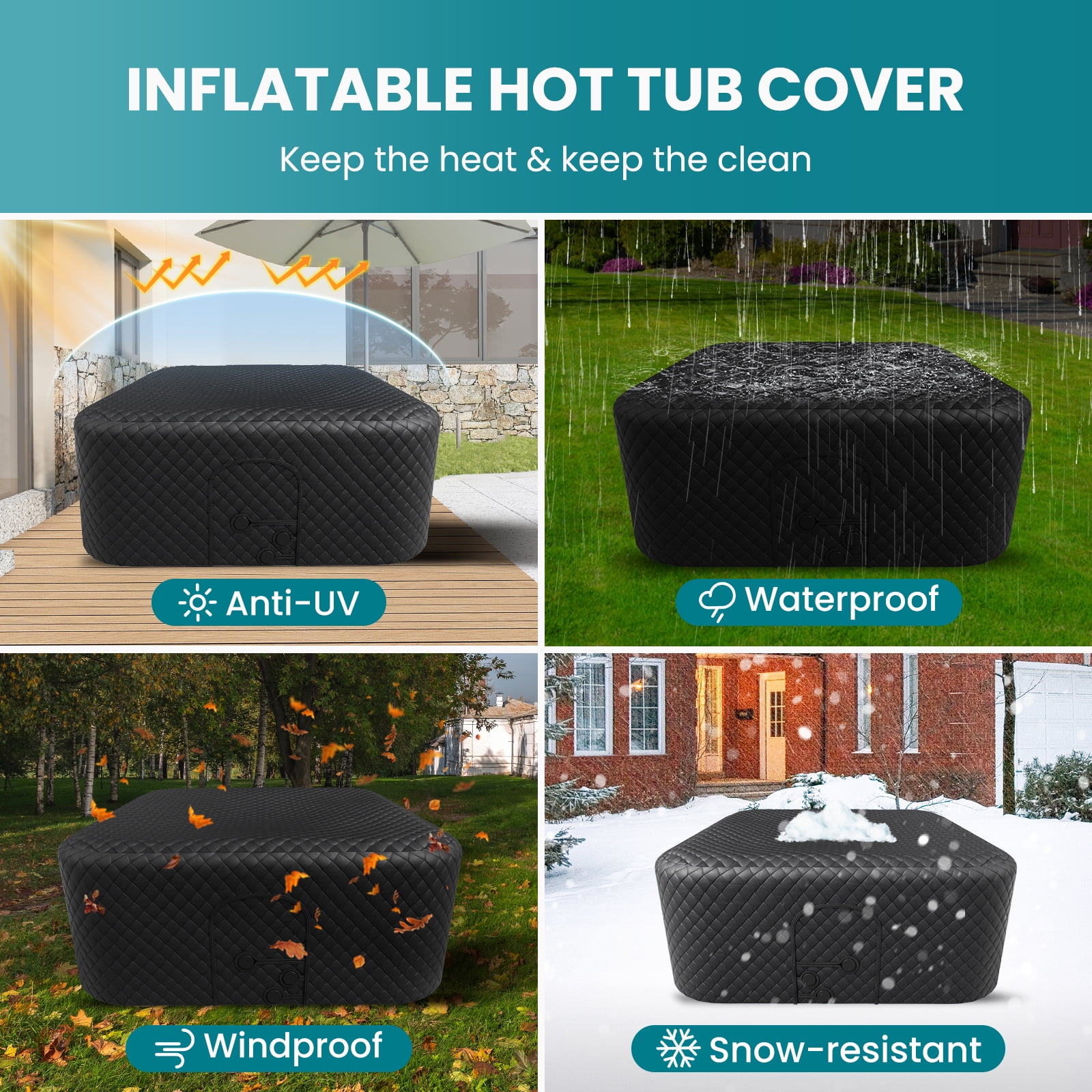 Outdoor Inflatable Hot Tub for 4-6 Person Square Thickened Insulation Cover(NOT Include Tub), Energy Efficient Hot Tub Insulated Thermal Cover Full Coverage for Keep Warm Extra Insulation Dustproof