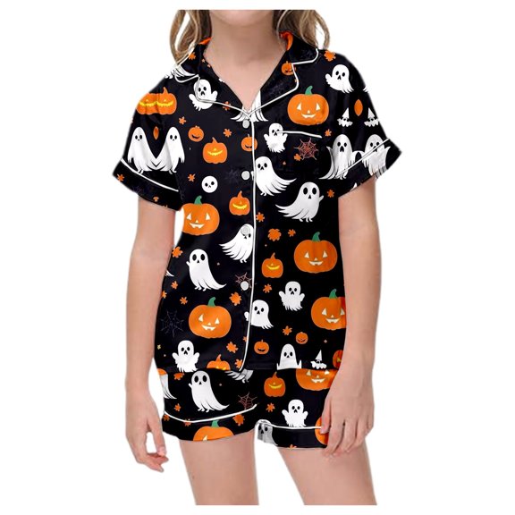 SJLDQY Halloween Girls Pajama Sets Button Down Short Sleeve Shirts Shorts 2 Piece Hallowmas Pjs Sets Casual Sleepwear Comfy Loungewear Sets for Kids