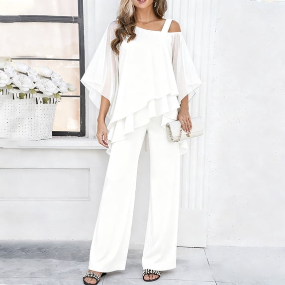 CIENVNSTG Mother Of The Bride Pant Suits Cold Shoulder Chiffon Ruffle Top And Wide Leg Pants Two Piece Pant Suit Wedding Guest Outfit White M