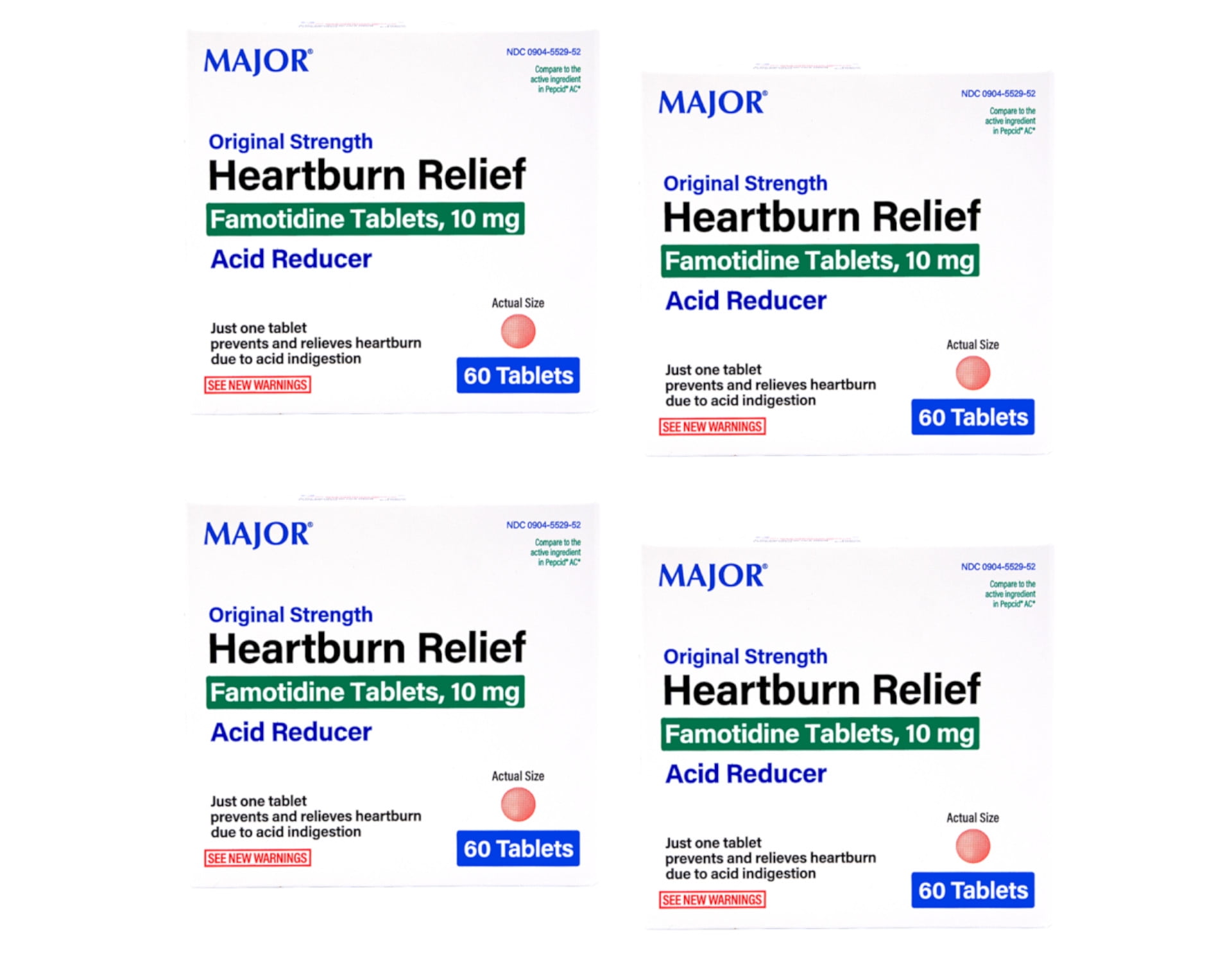Major Original Strength Heartburn Relief Famotidine Tablets, 10 mg - Pack of 4