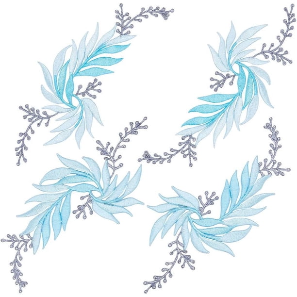 4 parches termoadhesivos de hojas de 2 estilos, azul cielo, bordados, para coser o planchar.