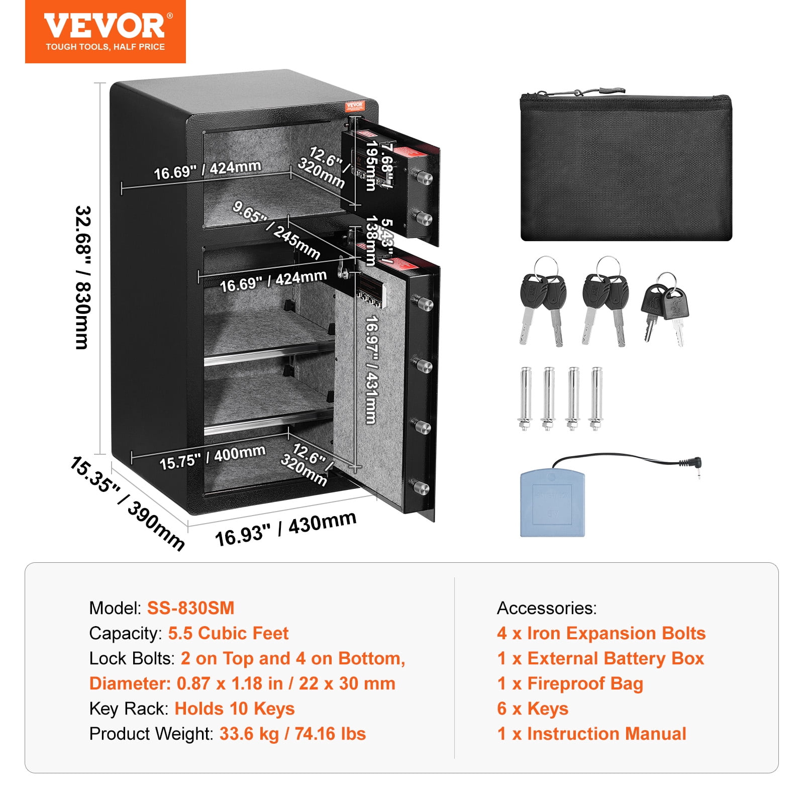VEVOR Double Doors 5.5 cu.ft Safe Box with Key Lock & Password, Safe Lock Box with Fireproof Bag, Key Rack, LED Light,2 Height Adjustable and Removable Divider and 1 Cabinet for Money, Jewelry Black