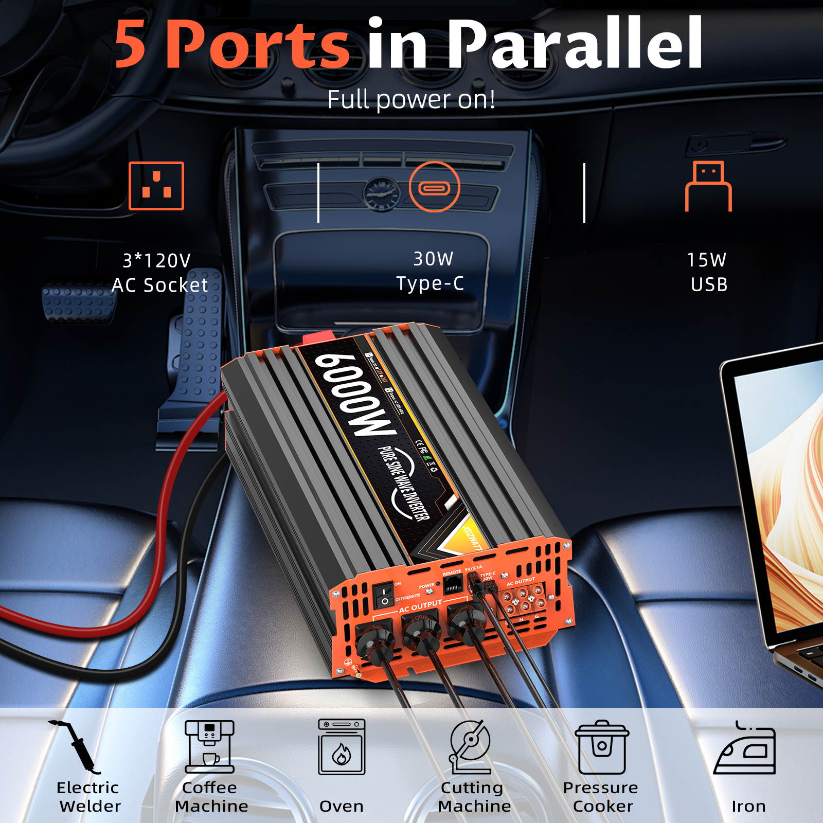 6000W Pure Sine Wave Inverter, 12V DC to 110V AC Car Power Converter, 3 AC Outlets + 2 USB Charging Ports, LCD Display, with Remote Control, Suitable for Vehicles, RVs, Camping and Home Backup Power