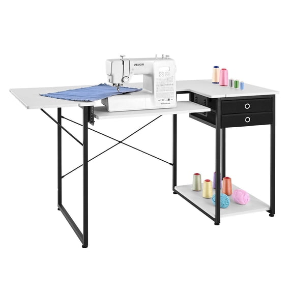 Multipurpose Sewing Machine Table with Drawers Foldable Side Shelf Adjustable Steel Legs Computer Desk for Home Studio Office