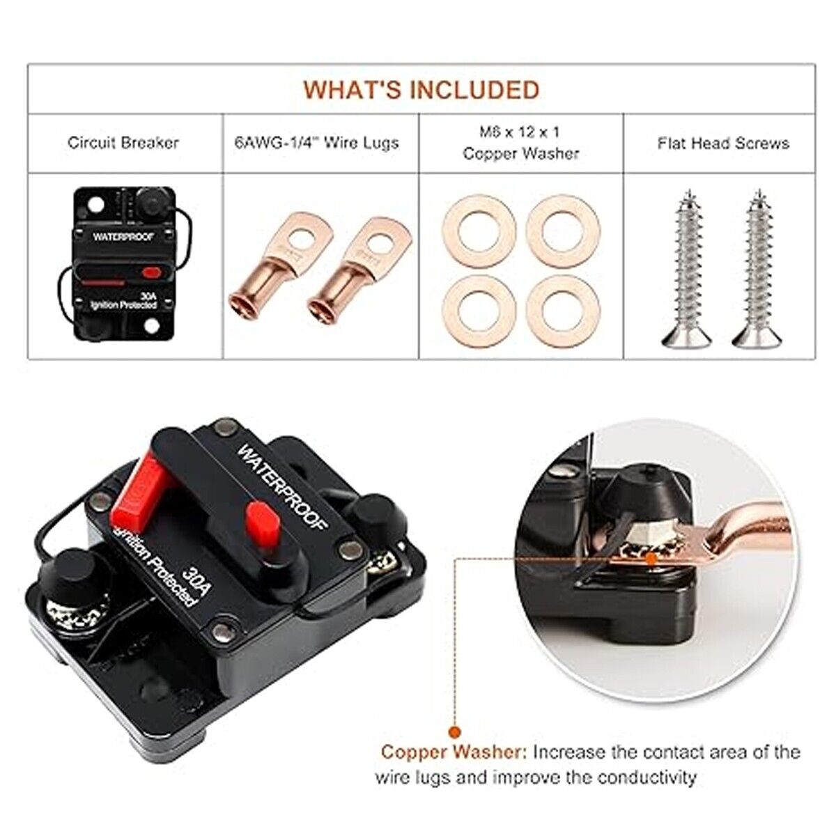 30 Amp Circuit Breaker 12V Marine Circuit Breaker 30A Resettable Fuse Circuit Breaker DC 12 Volt Waterproof for Automotive Car RV Boat