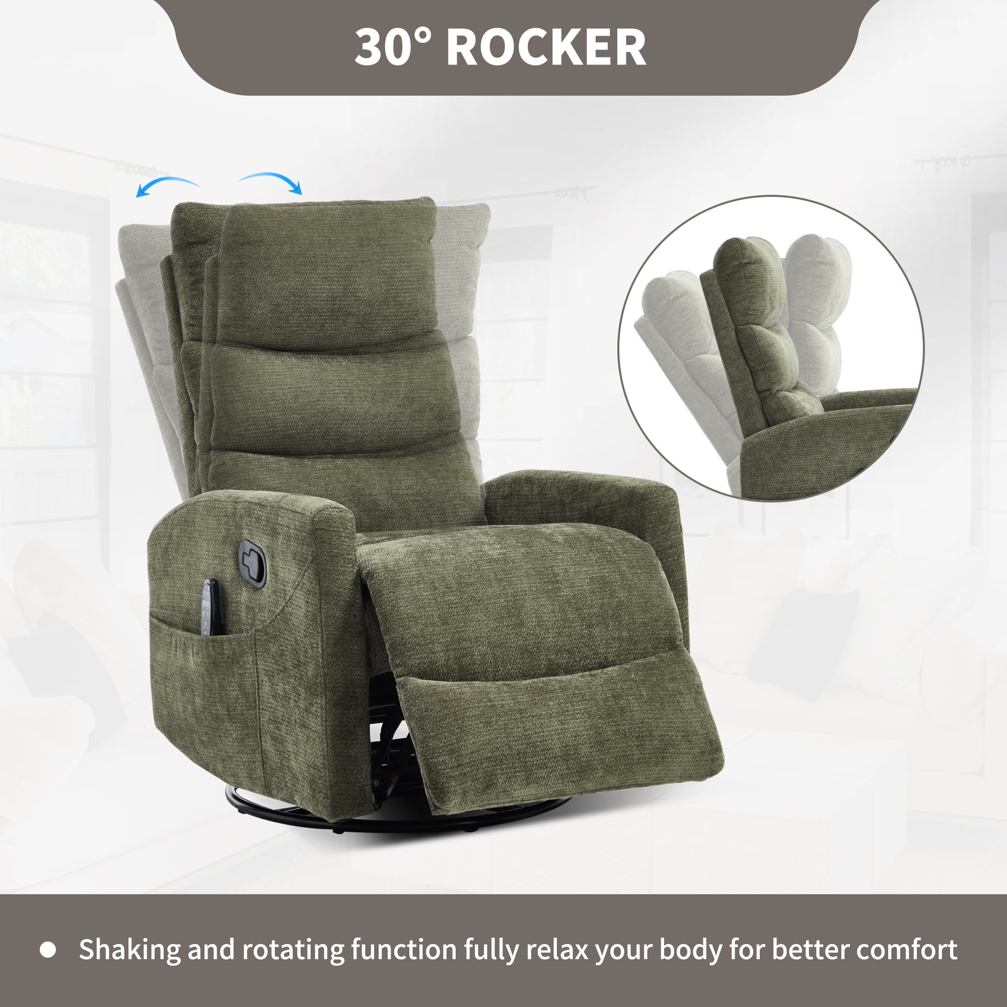 Aukfa 360° Swivel Recliner Rocking Chair with Massage and Heat for Living Room & Nursery, Chenille, Green