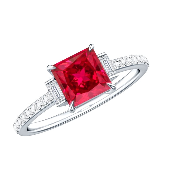 Rosec Jewels Certified Princess Cut Created Ruby Solitaire Ring with Diamond Side Stones, 925 Sterling Silver, US 4.00