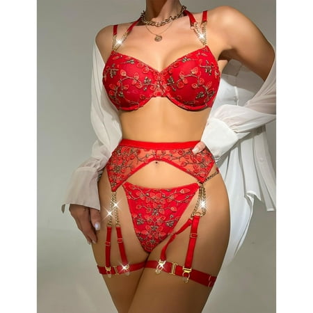 1Set Sexy Lingerie for Women  Lingerie for Women  Sexy Push up Bra Garter Belt Flower Embroidery Lace Lingerie Set  Red(L)