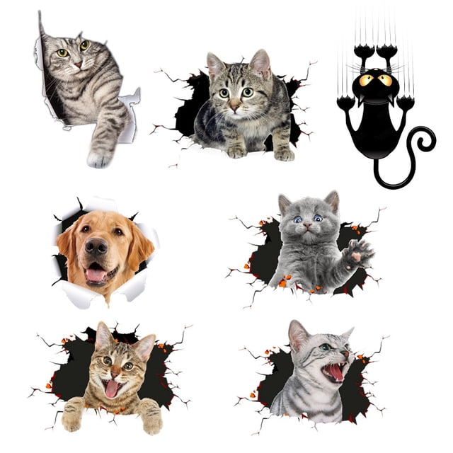 7 piezas de pegatinas de gato 3D, pegatinas de pared de gato, pegatinas de pared de gato lindo, pegatinas para ventana de coche, inodoro JM