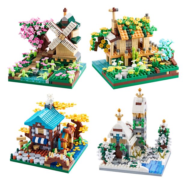 Dolblock Four Seasons Cherry Blossom Micro lindos bloques de construcción Mini juegos para adultos y niños Casa del árbol Flores y plantas Modle 4 kits