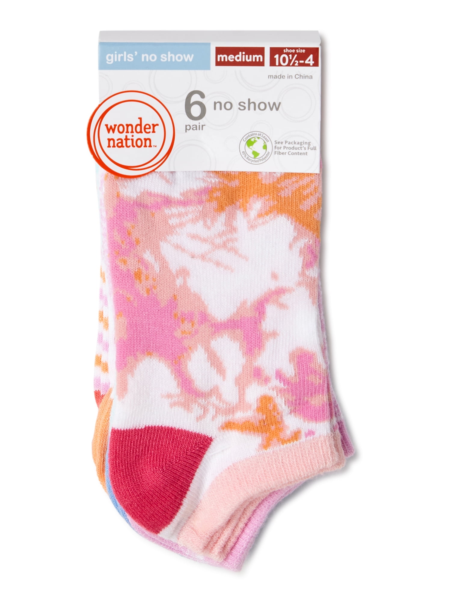 Wonder Nation Girls No Show Fashion Socks, 6-Pack, Sizes S-L