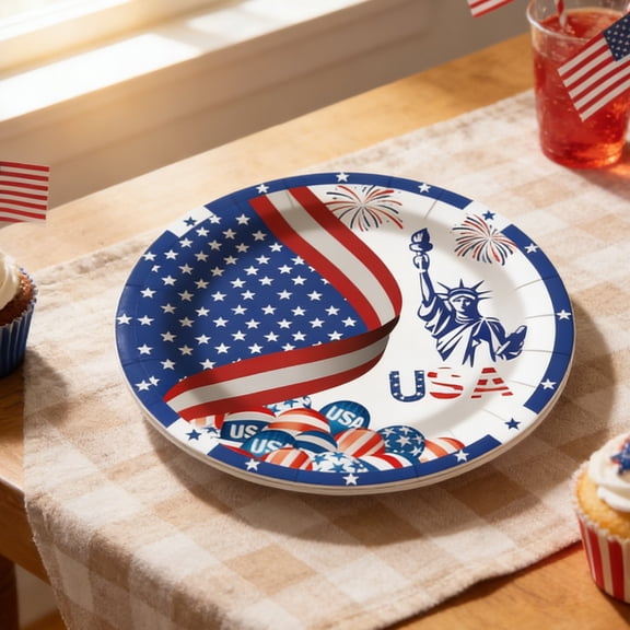 PSVFUJZ 20Pcs Disposable Tableware Set 4th of July Patriotic Red White Blue Paper Plates Party Supplies for Holiday Celebration Gathering Dinner Party Use