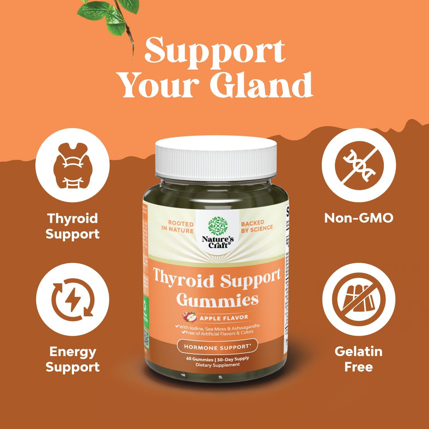 Natures Craft Vegan Thyroid Support Gummies w/ Zinc & Selenium for Healthy Thyroid Function, 60 Ct