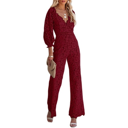 

Ma&Baby Women Elegant One-Piece Jumpsuit Long Sleeve Lace Floral V-Neck Wide Leg Rompers Bodysuit