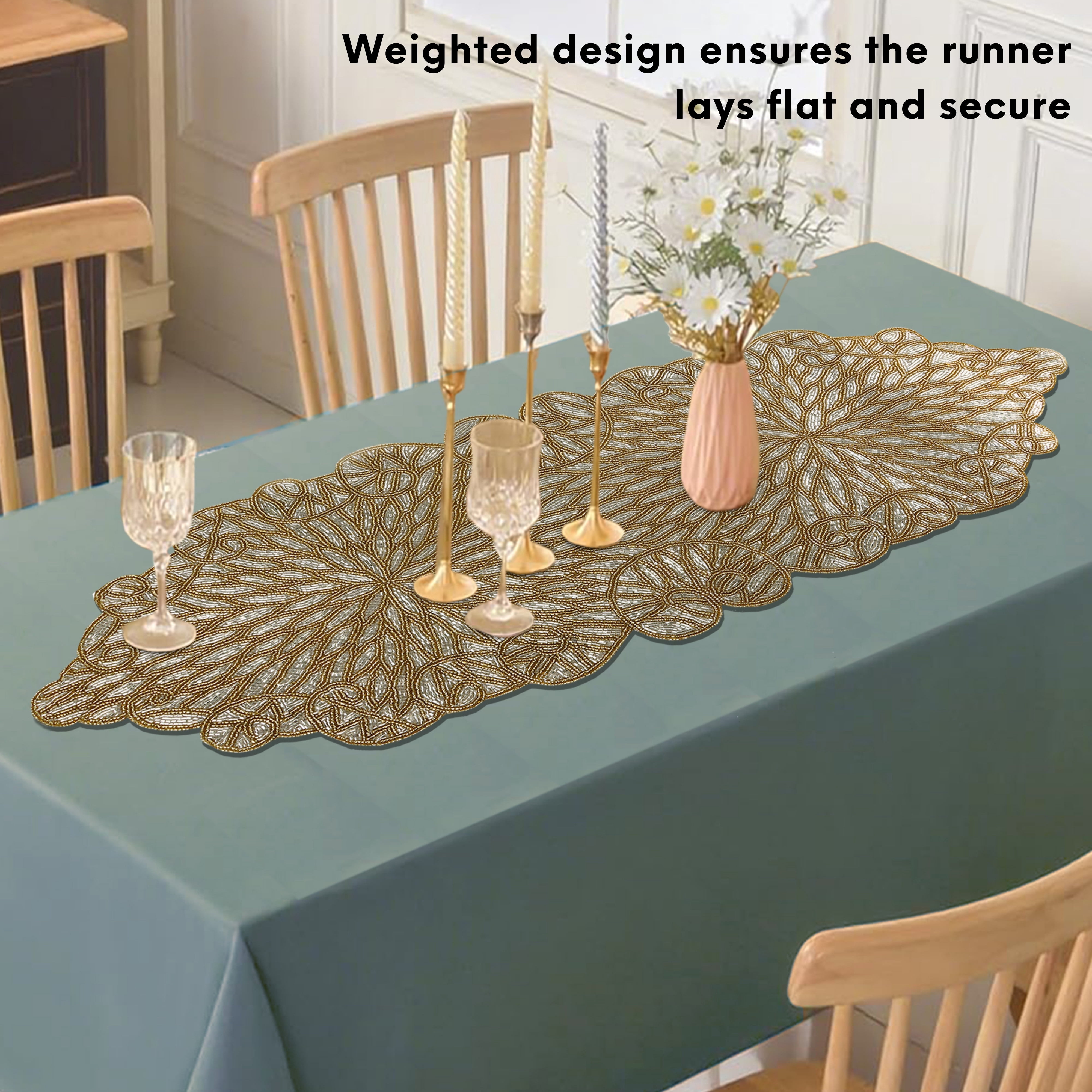 Glass Beaded Handmade Table Runner - Stylish Centerpiece for Parties and Weddings (Gold)