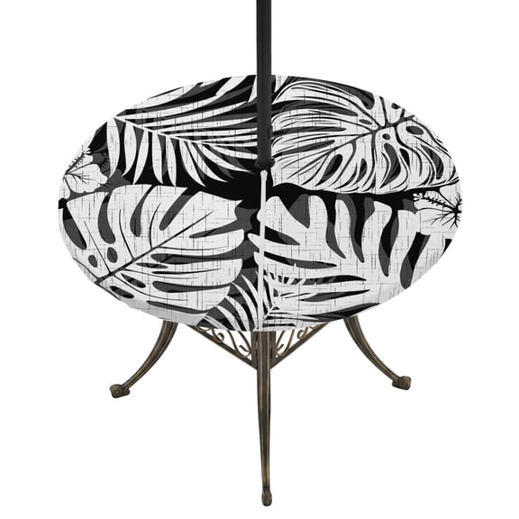 Round Outdoor Tablecloth with Umbrella Hole and Zipper, Palm Tree Monstera Tablecloth with Elastic Waterproof, Black White Leaf Boho Botanical Tropical Patio Table Covers for 31" - 35" Pool Tables