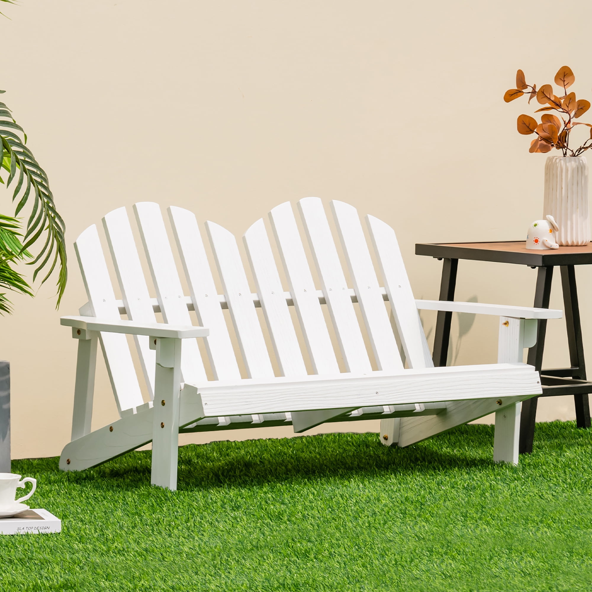 Costway 2 Person Adirondack Chair Kid Solid Wood Loveseat Backrest Arm Rest Patio White