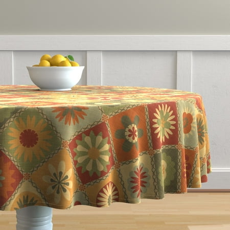 

Cotton Sateen Tablecloth 90 Round - Vintage Squares Yellow Brown Retro Orange 70s Print Custom Table Linens by Spoonflower