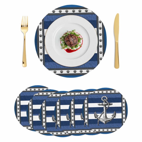 Navy Blue Anchor Round 15 Inch Placemats Set of 6, Nautical Summer Beach Coastal Ocean HeatResistant Non Slip Place Mats for Dining Table, Wipeable Braided Kitchen Table Mats for Housewarming