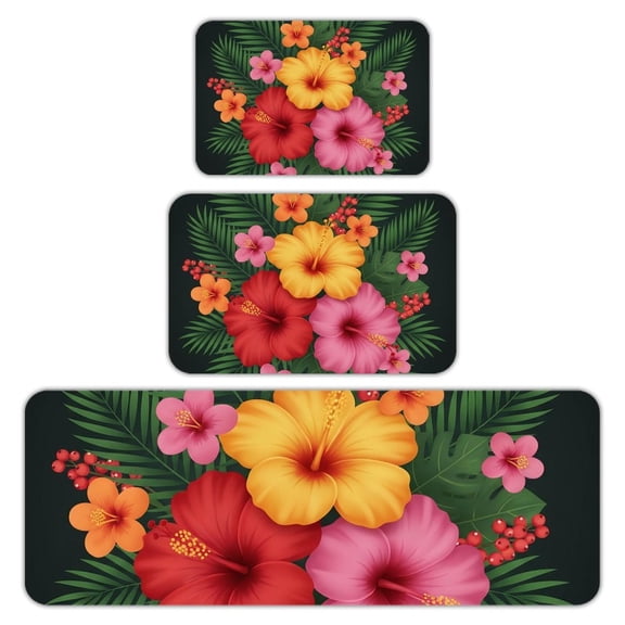 RKSupls Kitchen Rug Set 3 Piece Anti-Slip Flannel Floor Mats, Hibiscus Plumeria Rubra Washable Absorbent Runner Mats for Kitchen Bathroom Home Decor