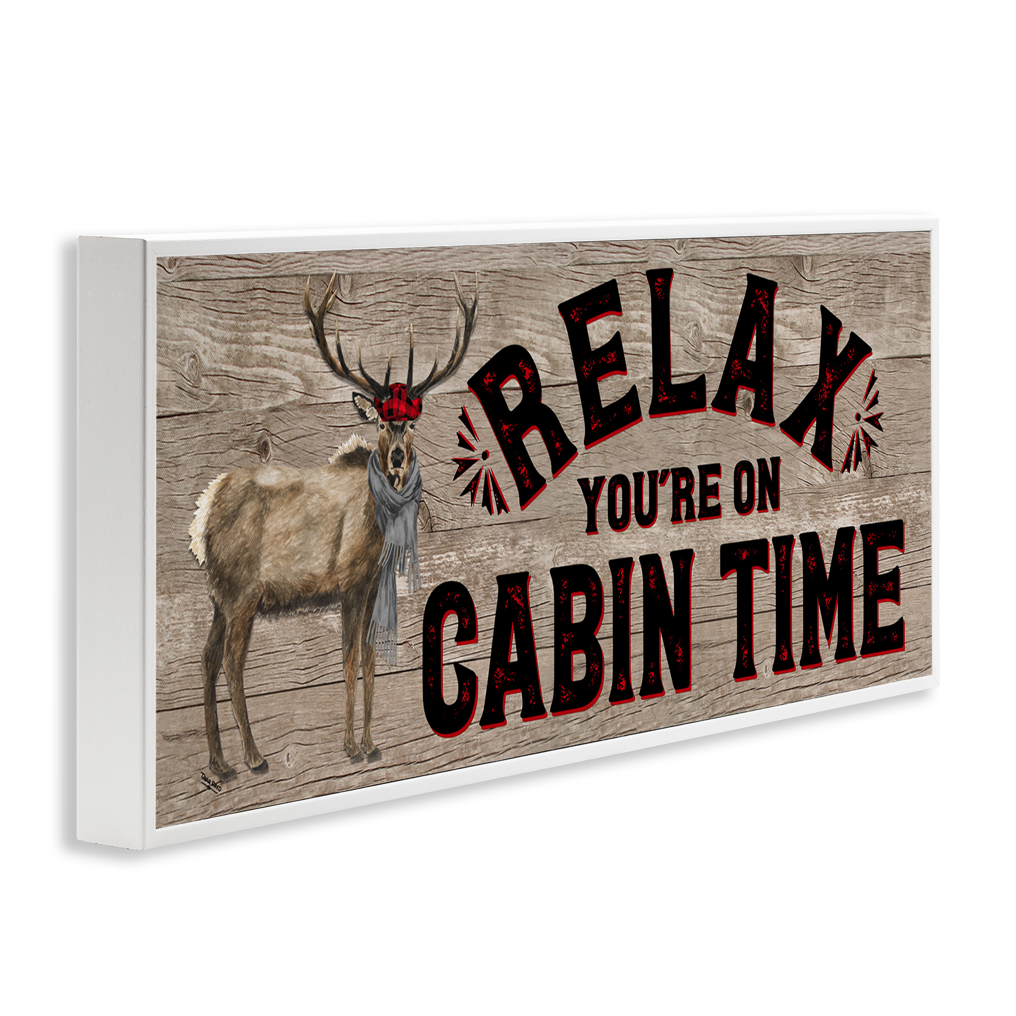 Stupell Industries Cabin Time Phrase with Deer Animals & Insects Painting White Framed Art Print Wall Art, 30 x 13