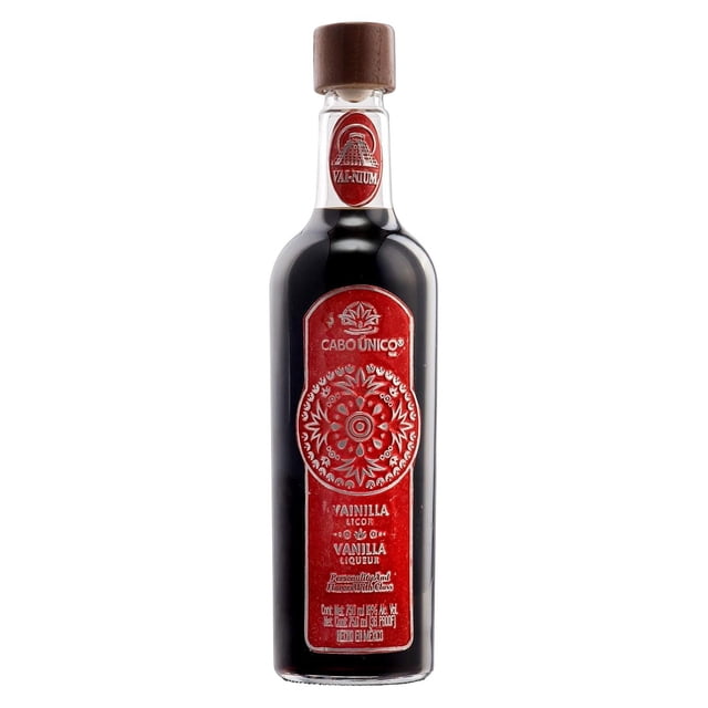 paquete de 3 licor cabo único vainilla 750 ml botella individual frontal de vidrio oscuro con etiqueta roja alargada y sello circular blanco, tapa marrón, marca Cabo Único y texto Vainilla legible, sobre fondo blanco.