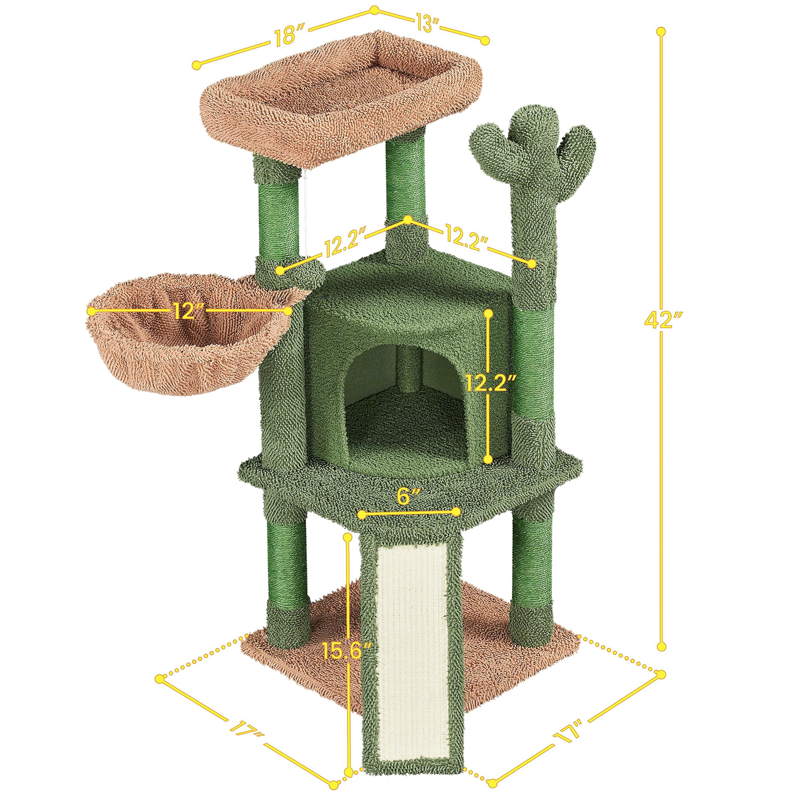 42 Inch Tall Cactus Cat Tree, Multi-Level Cat Tower with Scratching Posts, Indoor Pet Furniture Activity Center with Platform Condo Basket Hanging Ball, Green